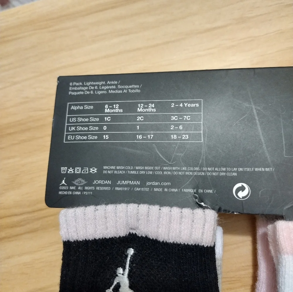 Nike Air Jordan 6 Pack Lightweight Ankle Multi-Pack Socks Girl 6-12 Months NWT
